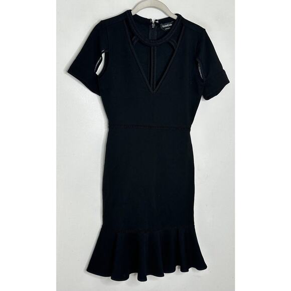 Bebe Black Short Sleeve Cut Out Stretch V Neck Ruffle Dress Size Small - Picture 2 of 7